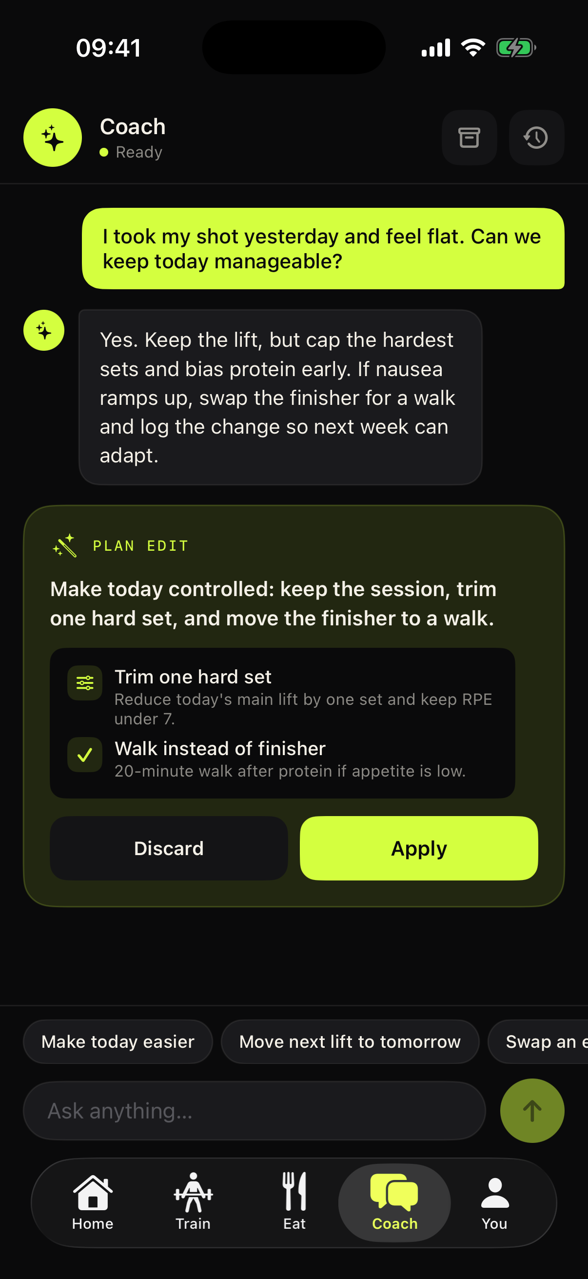 Preserve coach screen: proposed plan adjustments shown for review before they apply