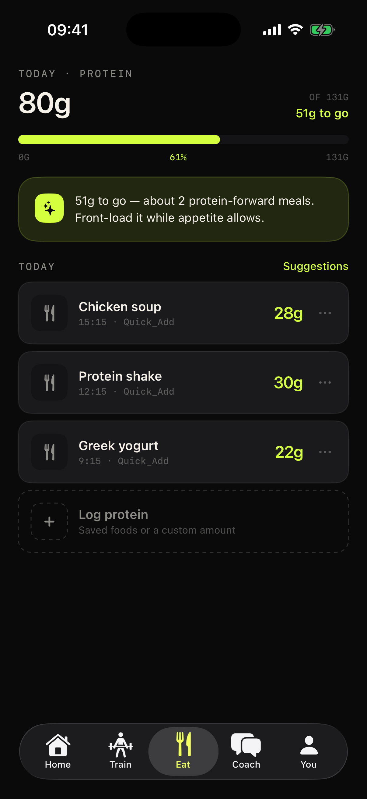 Preserve protein screen: daily protein target with progress ring and fast meal logging
