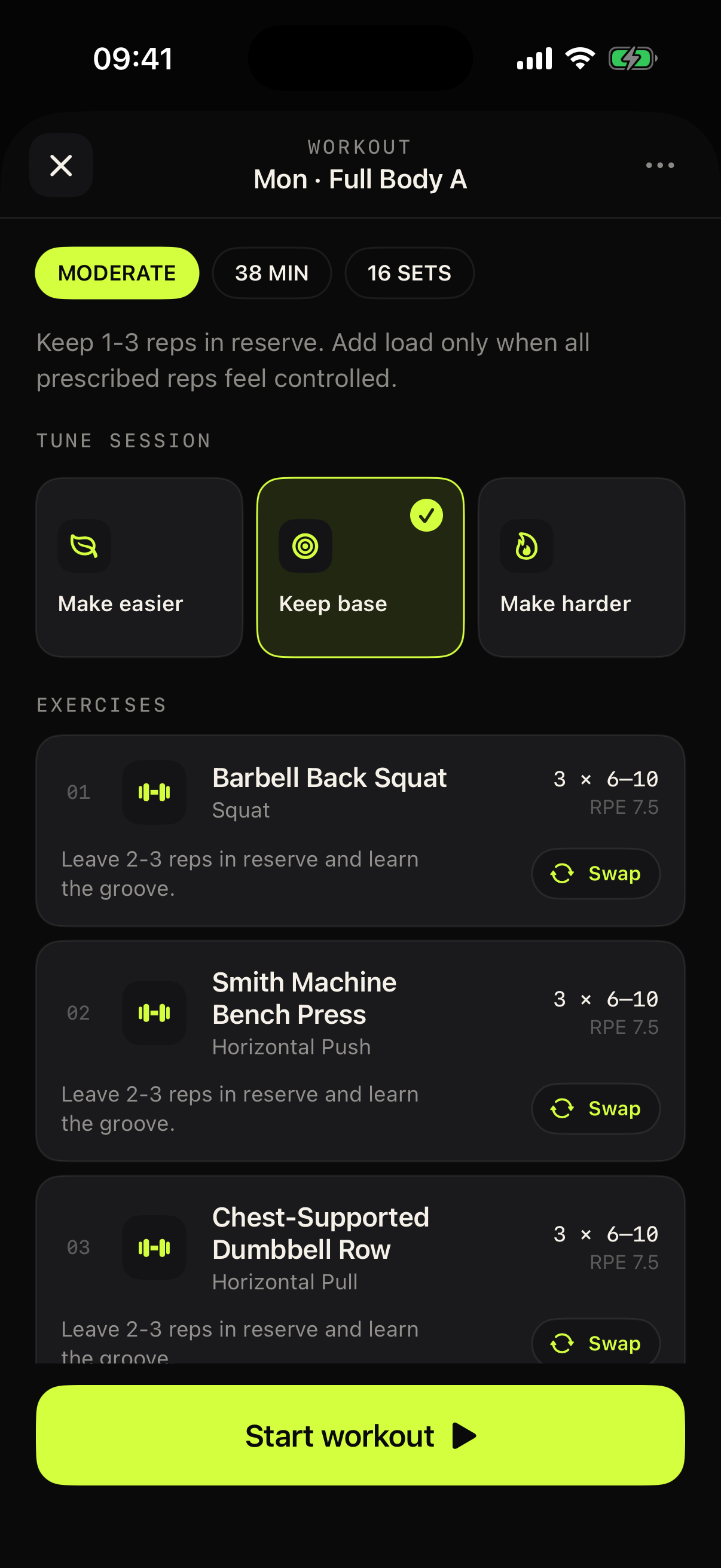 Preserve workout screen: Full Body A with tune-session controls, exercises, sets and RPE targets